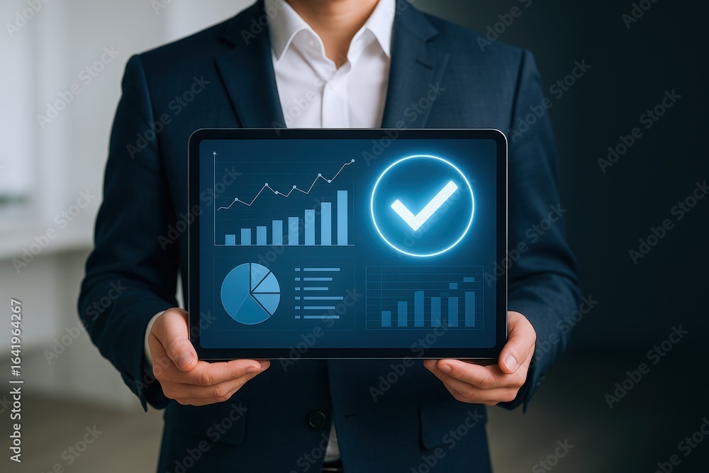 Poster business professional displaying tablet with positive performance charts and approval checkmark for 