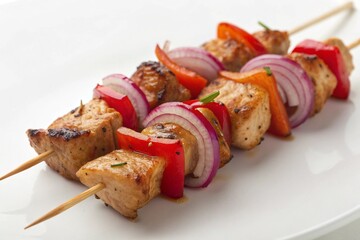 Grilled chicken kebab skewers with fresh vegetables isolated on white background, a delicious and healthy meal option for lunch or dinner, perfect for barbecue