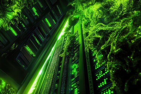 A server rack overgrown with vibrant green foliage, symbolizing the intersection of nature and technology.