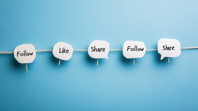 Social media engagement prompts displayed on speech bubbles against a blue background.