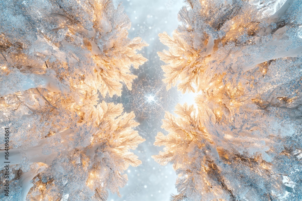 Poster a mesmerizing view of snow-covered trees illuminated with warm lights, creating a magical winter sce