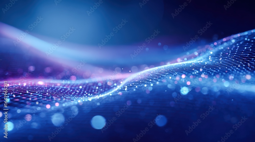 Poster abstract wavy data stream in blue and pink: visualizing digital information flow and technology