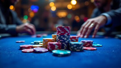Close up of poker chips stacked on blue felt casino table with blurred background of players during game
