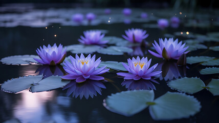 Serene Water Lilies at Twilight A Symphony of Purple Hues Reflecting on the Calm Pond Surface in Soft Lighting
