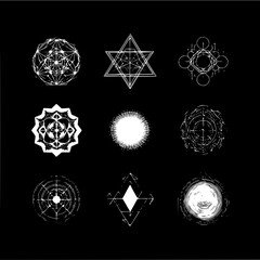 Collection of nine white geometric and abstract symbols arranged on a black background in a square grid