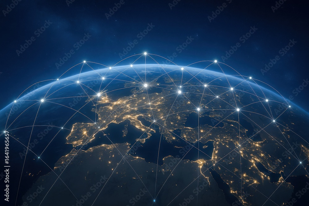 Poster global network connecting europe and asia: high-tech visualization of interconnected systems, data f