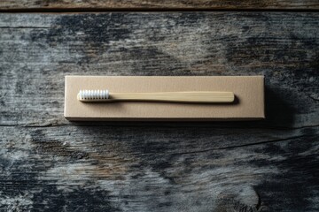 A bamboo toothbrush with white bristles rests on a brown cardboard box atop a rustic wooden surface.