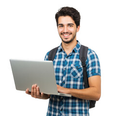 Young man holding laptop and smiling while wearing a backpack isolated on transparent background
