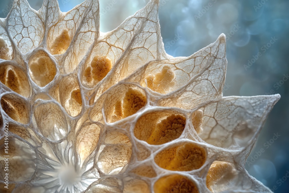 Poster intricate, translucent plant structure with a honeycomb-like pattern, showcasing delicate veins and 