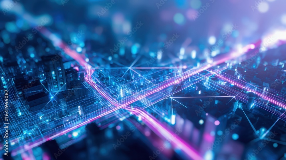 Poster abstract technology network visualization with interconnected lines and nodes in blue and pink color