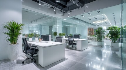 Fototapeta premium Modern Office Interior with Desks, Plants, and Glass Partitions for a Bright and Productive Workspace