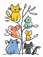 Colorful cartoon animals climbing tree in playful design  