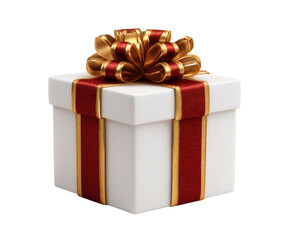 A classic white gift box with a red ribbon and a golden bow.