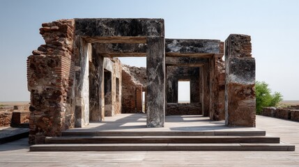 Naklejka premium Ruined stone structure with large support beams.