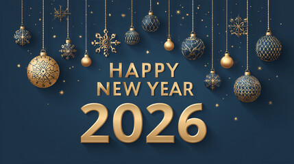 Golden text "Happy New Year 2026" hanging on dark blue background with shining new year's ornaments. Happy New Year banner template design for mobile phone wallpaper, poster, card, logo.