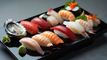 Variety of sushi on a dark tray