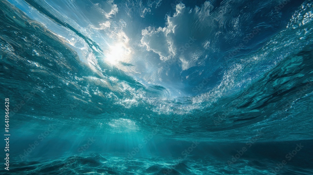 Poster underwater view of ocean surface with sunlight piercing through, creating dynamic water textures and