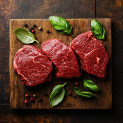 Three raw beef steaks with basil leaves and peppercorns on wooden board meat red meat