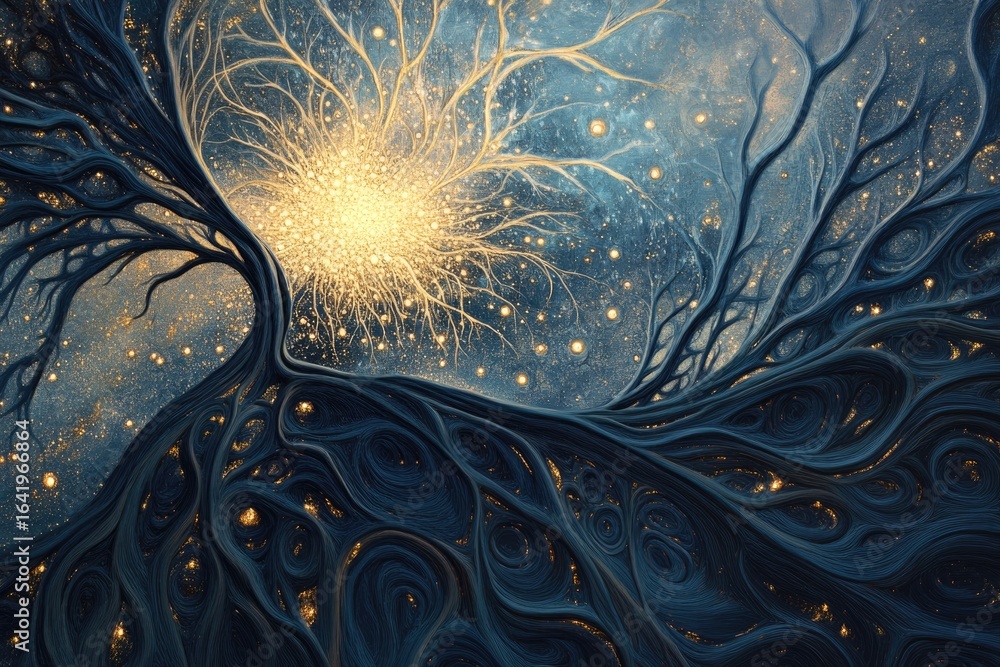 Poster a cosmic tree with intricate roots and branches, glowing with celestial light, evokes a sense of won