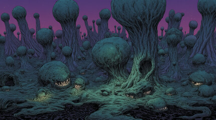Generative AI Alien landscape with toothy rock creatures Alien landscape Surreal Fantasy Monster Teeth Tree Forest Illustration Purple Creature Night Bizarre Weird Strange - Modern Look