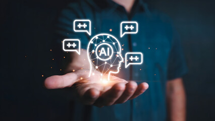 digital illustration of AI technology in a hand, communicating with people through a chat network and generative intelligence