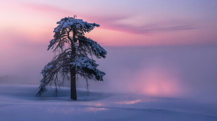 Solitary Tree in a Snowy Landscape under a Pastel Sky, Evoking Serenity and Winter's Quiet Beauty