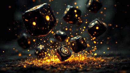 Obraz premium Abstract Dark Cubes With Glowing Golden Sparkles Falling Downward