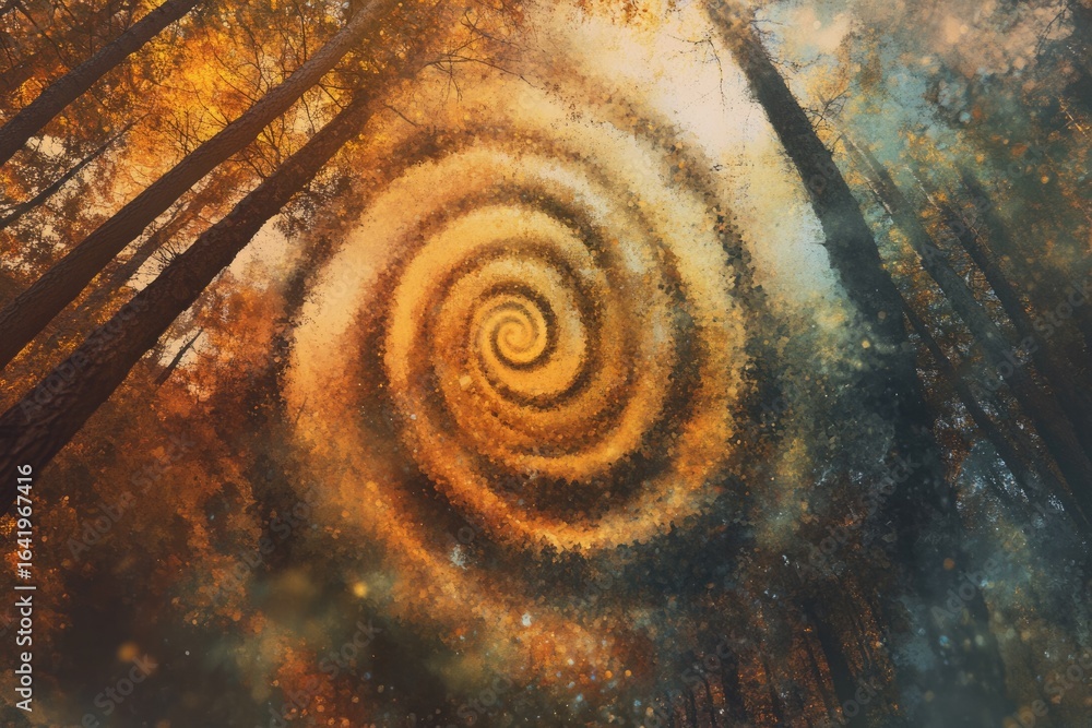 Poster autumnal forest scene with a swirling vortex of golden leaves, creating a mesmerizing and mystical a