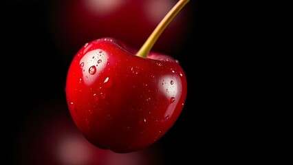 Close-up of ripe cherry with water droplets, highlighting vibrant color and freshness.