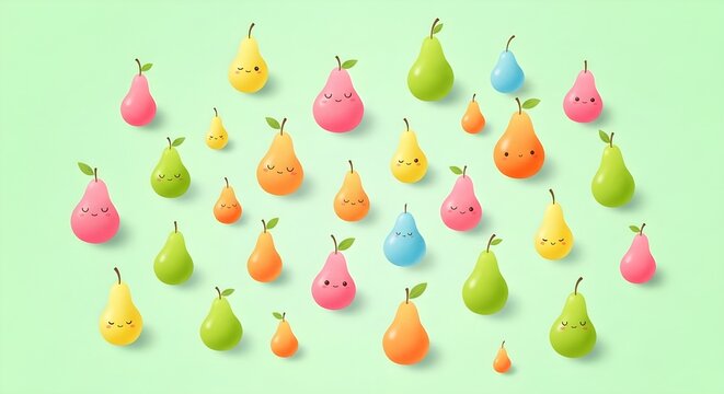 Colorful Pear Pattern with Cute Faces on Green Background