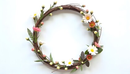 Handcrafted Wreath with Colorful Spring Flowers on White Background