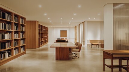 Fototapeta premium Modern office library, wooden furniture, meeting room, calm background, corporate design