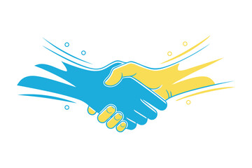 Obraz premium Two stylized hands shaking in blue and yellow with abstract lines handshake agreement