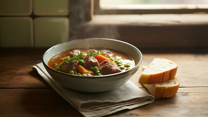 Comforting Bowl of Beef Stew A Hearty Meal with Tender Meat Vegetables and Fresh Bread on a Wooden Table