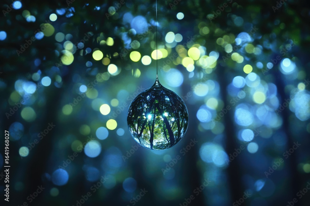 Poster a glass sphere hangs in a forest, reflecting trees and glowing bokeh lights, creating a magical, eth