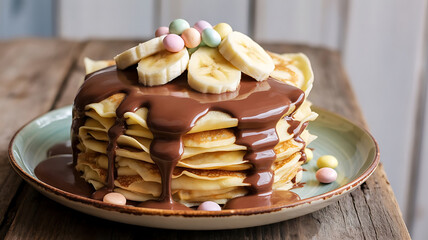 Delicious Pancake Stack with Chocolate Drizzle, Banana Slices, and Pastel Candies on a Rustic Wooden Tabletop Surface