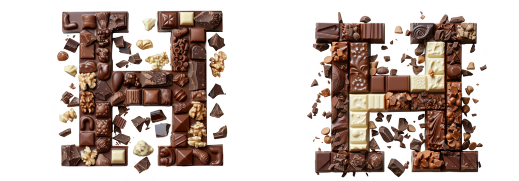 Two letter h shapes made from assorted chocolates and nuts, isolated on transparent background