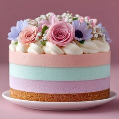 Colorful layered cake decorated with flowers on a simple plate against a pastel background