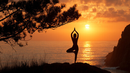 Silhouette of a woman practicing yoga on the ocean beautiful sunset