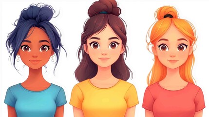 Diverse group of young women with various hairstyles wearing colorful shirts in an abstract modern setting ideal for lifestyle and travel concepts