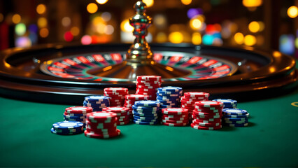 Close Up of Gambling Roulette Wheel and Colorful Chips on Green Felt Table