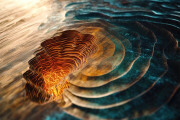 Intricate layered wood carving with glowing orange center, resembling a crater or geological formation.