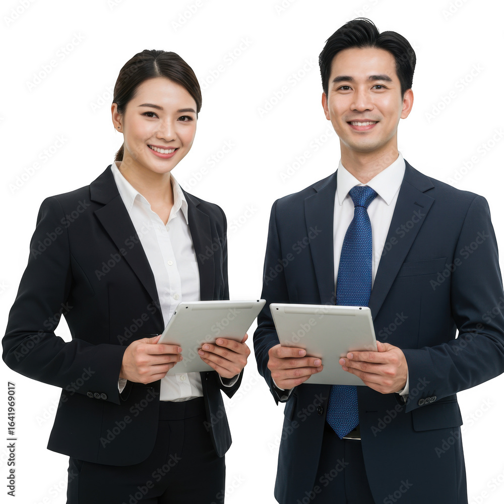 Aufkleber professional business colleagues smiling confidently while holding tablets and presenting data isola