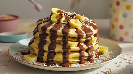 Delicious Pancake Stack Drizzled with Chocolate and Bananas a Sweet Delight for Breakfast Brunch or Dessert Treat
