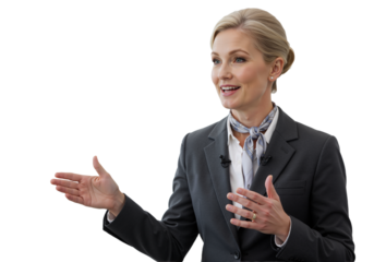Confident mature businesswoman in a suit giving a presentation with a clicker, isolated on a transparent background.
