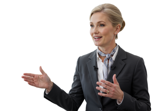 Confident mature businesswoman in a suit giving a presentation with a clicker, isolated on a transparent background.