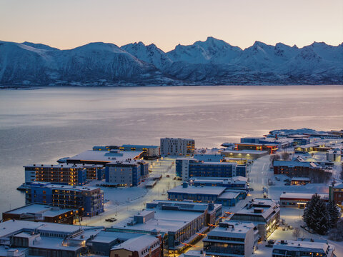 Winter evening aerial view of Sortland in northern Norway