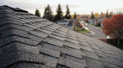 Residential Asphalt Shingle Roofing System Close-Up: Weather Protection, Home Improvement, and Roofing Industry Concepts