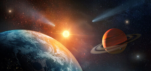  View of the Earth, solar system. planets, star, galaxy and comet.  View from space.  Elements of this image furnished by NASA. © Tryfonov