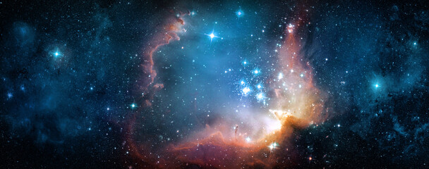 A view from space to a galaxy and stars. Universe filled with stars, nebula and galaxy,. Panoramic shot,. Elements of this image furnished by NASA.